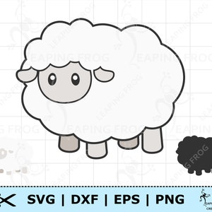 Puede incluir: Ilustración de un cordero de dibujos animados con un cuerpo blanco y esponjoso, cara, orejas y patas grises, y contornos negros. La imagen incluye un pequeño contorno de oveja y una silueta de oveja negra. El texto en la parte inferior dice "SVG | DXF | EPS | PNG".