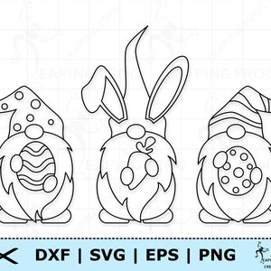 May include: Three black and white line drawings of gnomes. The gnome on the left is wearing a hat with polka dots and holding an Easter egg. The gnome in the middle is wearing a bunny hat with long ears and holding a carrot. The gnome on the right is wearing a striped hat and holding an Easter egg.