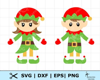 Elf SVG. PNG. 2 versions! Cricut cut files, layered files. Silhouette. Girl, Boy, Elves, Christmas. Cute, Festive, Red, Green, DXF, eps