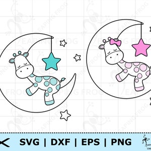 Giraffe auf Mond SVG. PNG. Schablone, Umrandung. Cricut cut Dateien, geschichtet. Dschungel Tiere,Schlafen,Sterne,niedlich. DXF, eps. Sofortdownload!