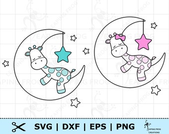 May include: A black and white line drawing of a giraffe sleeping on a crescent moon with a star hanging from it. The giraffe is holding a blue star.
