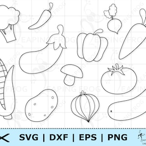 Gemüse SVG. PNG. Cricut cut Dateien, Silhouette Dateien. Bündel, Set. Schablone, Outline. Brokkoli,Mais, Tomate, Karotten, DXF, eps