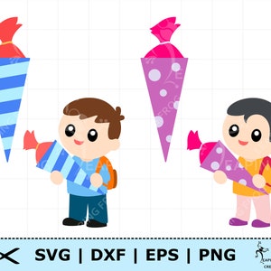 Puede incluir: Ilustración digital de dos niños con conos escolares y dos conos independientes. Los niños sostienen conos azules y morados. Los conos son azules con rayas y morados con lunares. También incluye el texto "SVG | DXF | EPS | PNG".