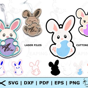 May include: Easter-themed bunny ornaments and cutting files. The ornaments feature a bunny holding an egg, with the name "Asher" on the egg. The cutting files include bunny designs holding eggs. The image also includes file format options: SVG, DXF, PDF, EPS, and PNG.