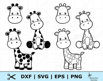 May include: Set of six black and white line art giraffe illustrations. The giraffes are in various poses, including standing, sitting, and looking to the side. The giraffes have spots on their necks and bodies.