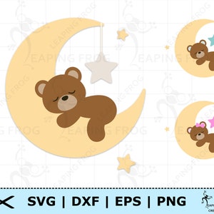 Beer op maan SVG. PNG. Cricut gesneden bestanden, gelaagd. Silhouet fies. Teddybeer, slapend, sterren, schattig. Kinderopvang. DXF, eps. Directe download!
