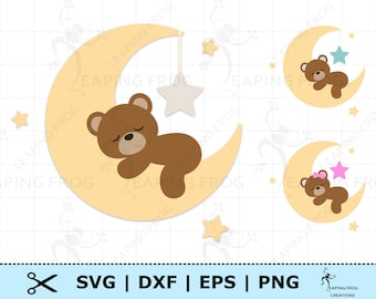 Bear on Moon SVG. PNG. Cricut cut files, layered. Silhouette fies. Teddy Bear, Sleeping, Stars, Cute. Nursery. DXF, eps. Instant download!