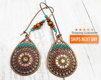 Blue Patina Dangle Earrings Greek Bead Earrings Boho Patina Dangles Bohemian Copper Earrings Boho Patina Earrings