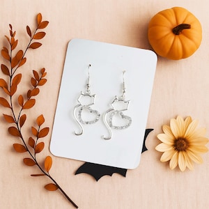 Faux Gemstone Cat Heart Drop Earrings: Silver Halloween Jewelry