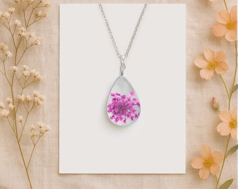 Queen Anne's Lace Necklace: Real Flower Teardrop Pendant, Botanical Glass Keepsake