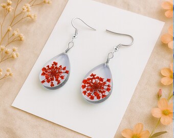 Orange Queen Anne's Lace Earrings: Real Pressed Flower Teardrop Dangle