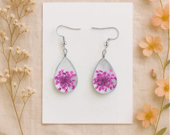Pink Queen Anne's Lace Earrings: Real Flower Glass Teardrop - Nature Gift