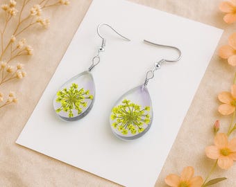 Real Queen Anne's Lace Teardrop Earrings: Pressed Flower Botanical Jewelry