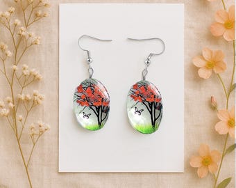 Resin Tree Earrings: Real Dried Flowers, Silver-Tone Hooks