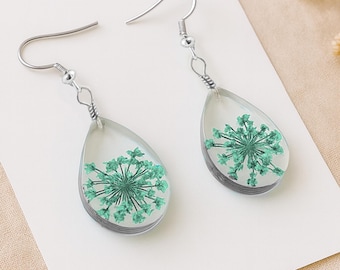 Real Queen Anne's Lace Teardrop Earrings: Pressed Flower Botanical Jewelry