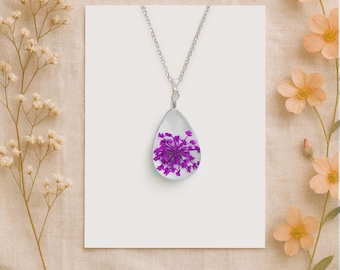 Queen Anne's Lace Necklace: Real Flower Teardrop Pendant, Botanical Jewelry