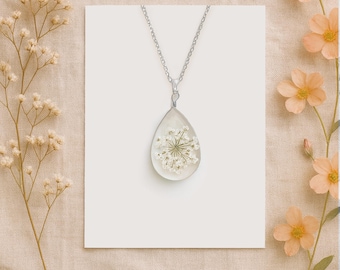Queen Anne's Lace Necklace: Real Flower Teardrop Pendant, Botanical Jewelry