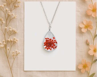 Queen Anne's Lace Teardrop Necklace: Pressed Flower Botanical Jewelry