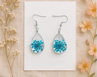 Real Queen Anne's Lace Teardrop Earrings: Pressed Flower Botanical Jewelry