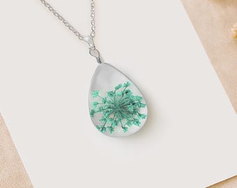 Queen Anne's Lace Necklace: Real Pressed Flower Teardrop Pendant