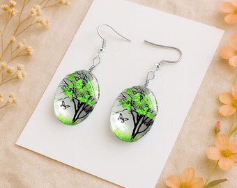 Pressed Flower Tree Earrings: Resin & Silver-Tone - Nature Jewelry
