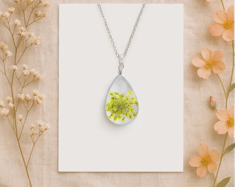 Queen Anne's Lace Necklace: Real Pressed Flower, Teardrop Glass Pendant