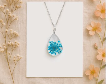 Queen Anne's Lace Necklace: Real Flower Teardrop Pendant, Botanical Jewelry