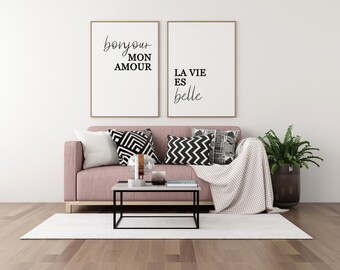 Conjunto de 2 gravuras Bonjour Mon Amour e La Vie Est Belle para impressão, frase em francês, download digital