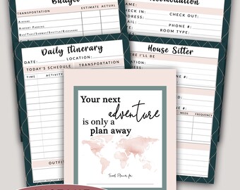 Planejador de viagens para impressão / Planejador de férias / Lista de embalagem / Itinerário / Acompanhamento de orçamento / Tamanho carta / Borda com padrão verde