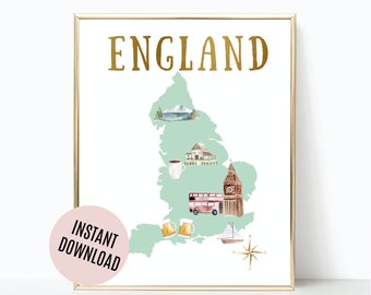 Mapa de viagens da Inglaterra para imprimir | Impressão de mapa de viagem | Presente de viagem de arte para impressão | Decoração de viagem | Arte Digital | Mapa da Inglaterra