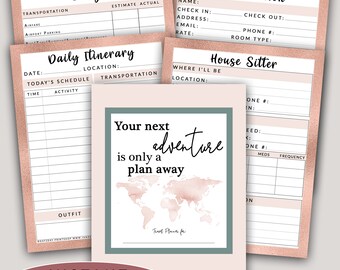 Planejador de viagem para impressão / Planejador de férias / Lista de embalagem / Itinerário / Acompanhamento de orçamento / Tamanho carta / Borda padrão de folha rosa