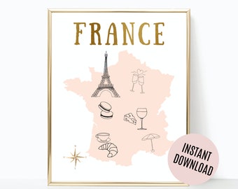 Mapa de viagem da França para imprimir | Impressão de mapa de viagem | Presente de viagem de arte para impressão | Decoração de viagem | Arte Digital | Mapa da França
