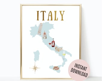 Mapa de viagem da Itália para imprimir | Impressão de mapa de viagem | Presente de viagem de arte para impressão | Decoração de viagem | Arte Digital | Mapa da Itália
