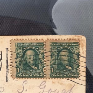 Antique 1909 Collectable Two USA Green Stamps Benjamin Franklin Stamps Hawaii Post Card