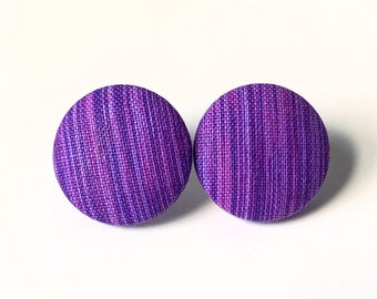 Purple Button Earrings | Stripe Print | Stud Earrings | Fabric Earrings | Handmade Jewelry
