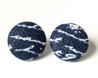 Navy Button Earrings | Script Print | Stud Earrings | Fabric Earrings | Handmade Earrings | Circle Earrings