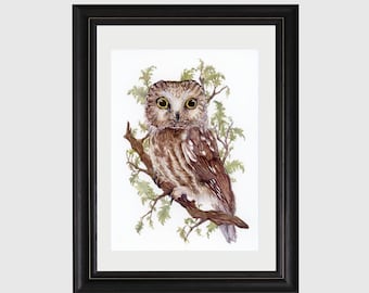 May include: A watercolor painting of a brown and white owl perched on a branch with green leaves. The owl has large, round eyes and a small beak.
