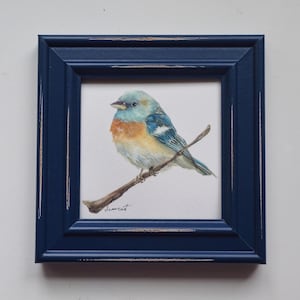 Blue Bunting Bird Print Of Original Watercolor Painting/Framed Art/ House Decor/ Small Art 4x4/Nature Art