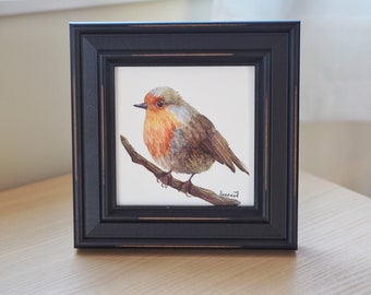 Robin Watercolor Giclee Print With Frame/4x4/Framed Art/House Decor/Spring/Mothers Day/Nature Art