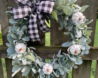 White Pumpkin Wreath, Lambs Ear Fall Wreath, Fall Pumpkin Wreath, Fall Greenery Wreath, White Pumpkin Lambs Ear Wreath, Buffalo Plaid Wreath