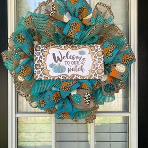 Pumpkin Fall Wreath, Teal Fall Wreath, Fall Wreaths for Front Door, Blue Fall Wreath, Leopard Print Fall Wreath, Mesh Fall Wreaths, Fall