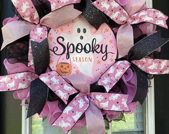 Pink Halloween Wreath: Spooky Ghost Decor, Fall Door Hanger (26 inches)