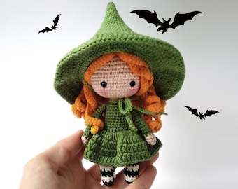 Finished doll Little Witch Green Amigurumi Redhead Doll Witch doll Crochet doll