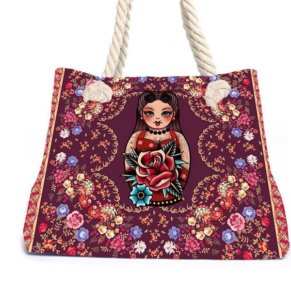 Matryoshka Russian Doll Strandtasche Beachbag Hippie Style Tasche Canvas mit Leinen