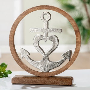 Statue sculpture wood with aluminum "anchor heart" faith love hope modern handmade