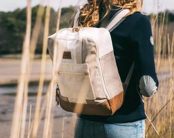 Mochila Wally hecha de vela de barco 100% reciclada - lino y cuero marrón claro - ¡forro hecho de spinnaker reciclado!