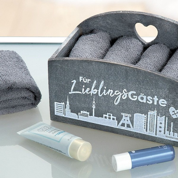RUHRPOTT - BOX "Skyline" mit 4 Gästehandtücher in der Farbe grau Holz nachhaltig tolle Geschenk oder Mitbringsel