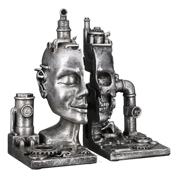 Buchstütze "Steampunk Skull" silberfarben Bookend Antikfinish halb Menschenkopf . halb Totenschädel ausgefallene Bücherstütze