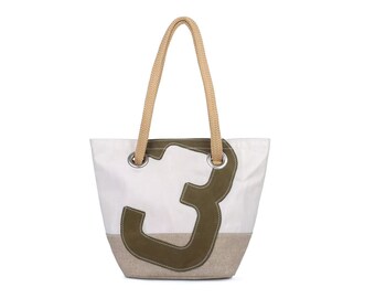 727 Sailbags Handtasche Legende Nr.3 Leinen und Leder * 100 % recycelte Segel * Null Abfall Ziel * weiß beige * handgemacht