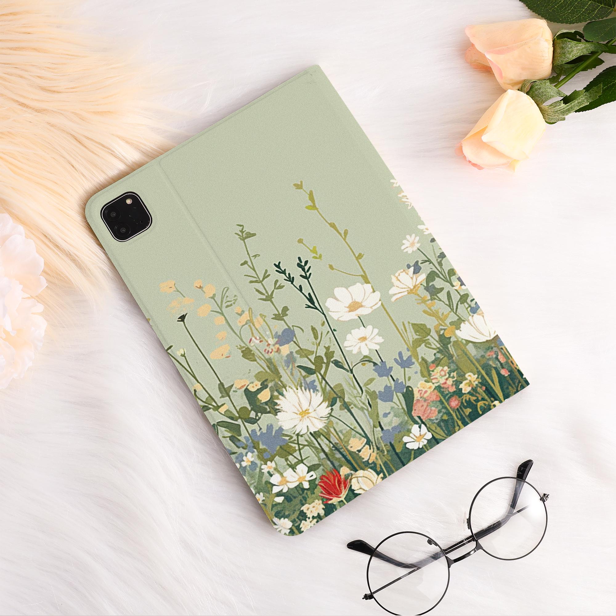 Green Wildflowers iPad Case Cover For iPad Air 4/5,iPad 10/9/8,iPad 9.7&quot; 10.2&quot; 10.9&quot; 11&quot; 12.9 inch,iPad Mini iPad 2022 2021 Pro Case